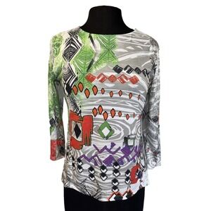 NEW Katina‎ Marie Eclectic Boho Multi-Print Top Women's Small 3/4 Sleeve Stretch
